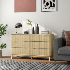 6 Drawer Double Dresser for Bedroom, Fluted Chest of Drawers with Gold Finger Pulls and 5 Wood Legs, Natural Wood