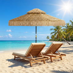 8.5 FT Hula Thatched Tiki Patio Umbrella, 2-Tier Tropical Hawaiian Style Outdoor Umbrella with 8 Ribs, UPF30+, Khaki