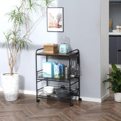 3 Tier Rolling Kitchen Cart with Storage, Kitchen Island Cart on Wheels with 2 Sliding Fruit Basket, Microwave Cart with Side Hooks for Dining Room, Walnut