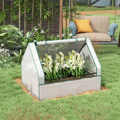 Raised Garden Bed, Outdoor Metal Planter Box with Mini Greenhouse, White and Brown