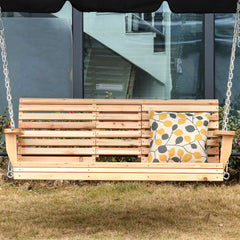 3-Seater Wood Porch Swing, Patio Swing Bench with Folding Coffee Table, Cup Holders, 440lbs Weight Capacity, Natural