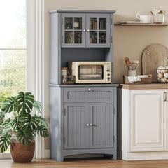 Elegant Buffet with Hutch, Kitchen Pantry Storage Cabinet with Framed Glass Door Drawer and Microwave Space, Gray