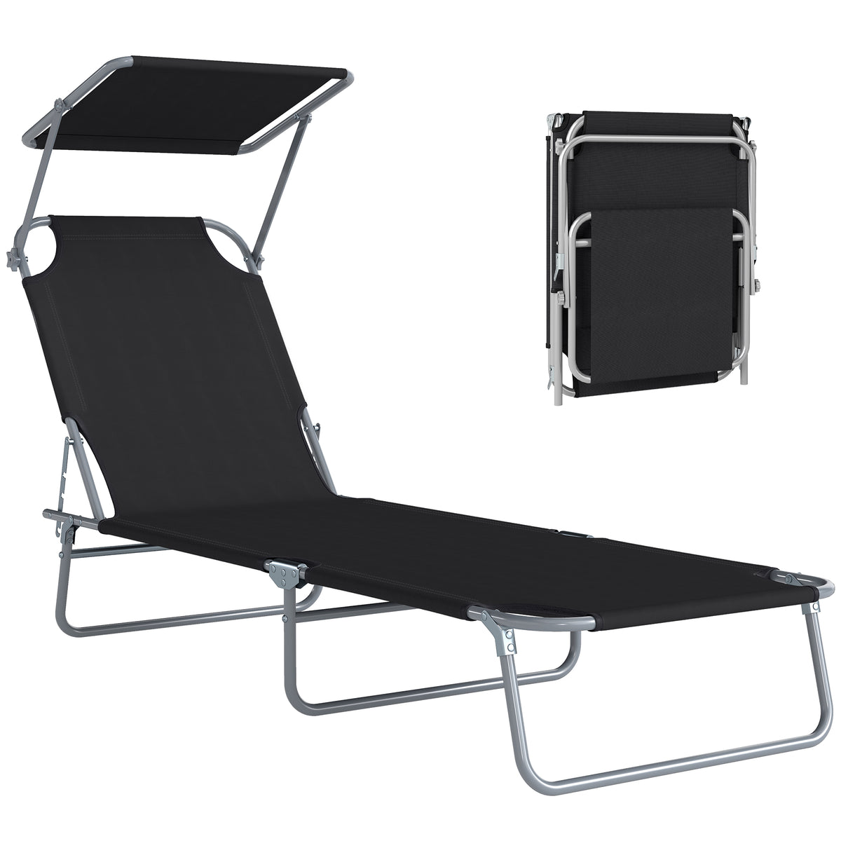 Outdoor Pool Chaise Lounge Chair, Folding Tanning Chair with Sun Shade, Black