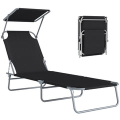 Outdoor Pool Chaise Lounge Chair, Folding Tanning Chair with Sun Shade, Black