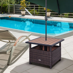 22" Outdoor Side Table with Umbrella Hole, Rattan Wicker End Table with Sand Bag and Steel Frame for Outdoor, Patio, Garden, Backyard, Brown & Light Yellow