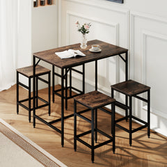 5-Piece Industrial Dining Table Set, Bar Table & 4 Stools Set, Space Saving for Pub & Kitchen, Rustic Brown/Black
