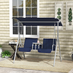 2-Seater Outdoor Porch Swing with Canopy and Table, Patio Swing Chair for Garden, Poolside, Backyard, Dark Blue