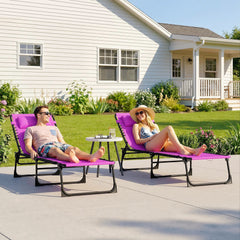 2 Folding Chaise Lounge Pool Chairs with 4-Position Reclining Back, Pillow, Breathable Mesh & Bungee Seat, Purple