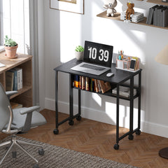 Folding Computer Desk, Foldable Desk with Storage Bag, Shelf and Wheels for Small Spaces, Home Office, Black