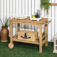 Outdoor Bar Cart, Wood Rolling Home Bar & Serving Cart ，2 Shelves, Wine Bottle Holders for Garden, Dining Room, Natural