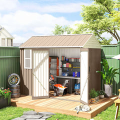8' x 6' Metal Garden Storage Shed, Extra Large Outdoor Tool Storage House w/ Doors, Window and Air Vents, Brown