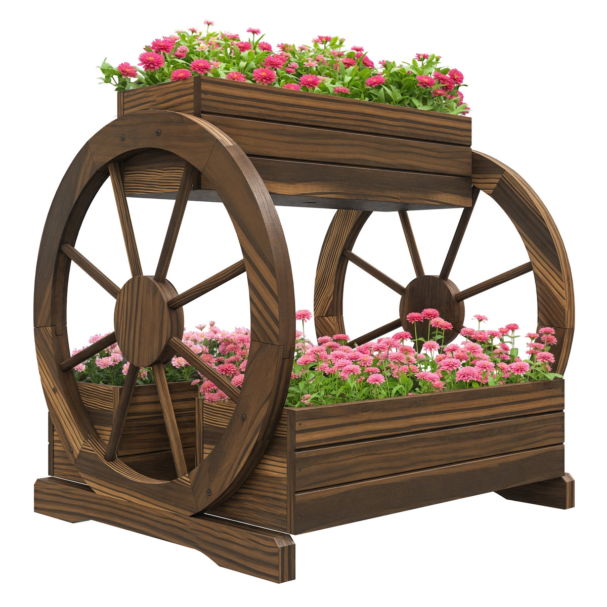 Wooden Wagon Planter Box, 3-Tier Raised Garden Bed, for Vegetables Flowers Herbs, 25" x 21" x 24"