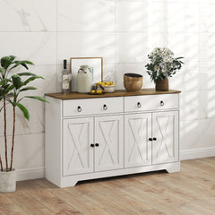 Kitchen Storage Sideboard, Farmhouse Buffet Cabinet with Barn Style Doors, Drawers, Adjustable Shelves, White