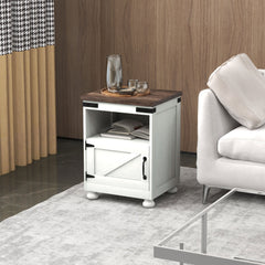 Side Table with Storage, End Table with Open Shelf, Cupboard and Wood Legs, Modern and Farmhouse Style, White