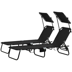 Chaise Pool Lounge Chairs Set of 2, Outdoor Sun Tanning Chairs, Reclining Back, Steel Frame and Side Pocket, Black
