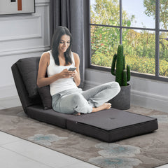 Convertible Flip Chair, Floor Lazy Sofa, Folding Upholstered Couch Bed with Adjustable Backrest, Metal Frame and Pillows for Living Room Bedroom, Dark Grey