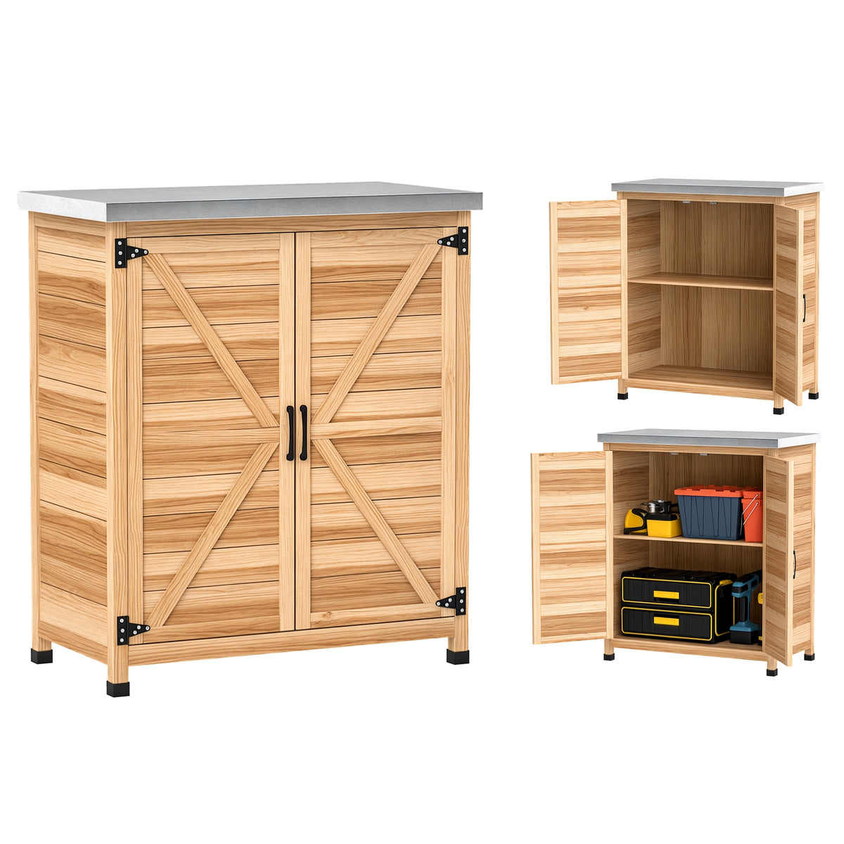Wooden Storage Cabinet, Outdoor Prep Table w/ Metal Tabletop, Shelves and Double Doors for Patio, Garden, Natural Wood