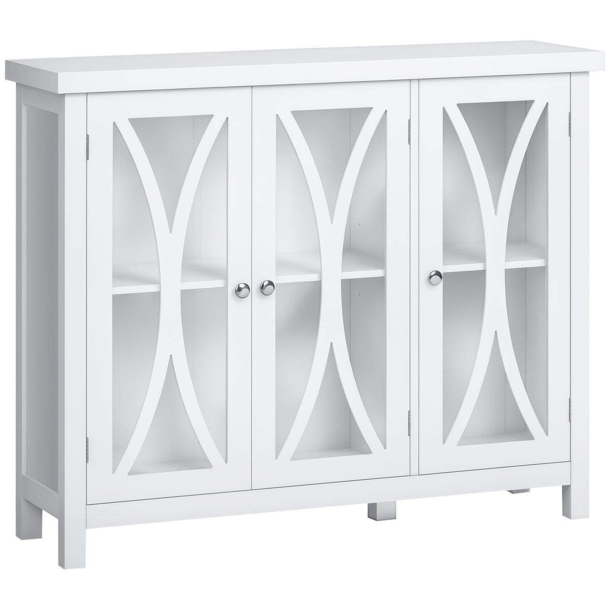 Sideboard, Buffet Cabinet with 3 Tempered Glass Doors, Arc Pattern and Adjustable Storage Shelf, Credenza, White
