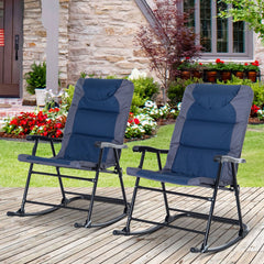 Oversized Folding Rocking Camping Chair Set of 2, Padded Outdoor Rockers with High Back and Armrests, Portable Outdoor Patio Chairs with Steel Frame for Garden, Porch, Lawn, Navy Blue