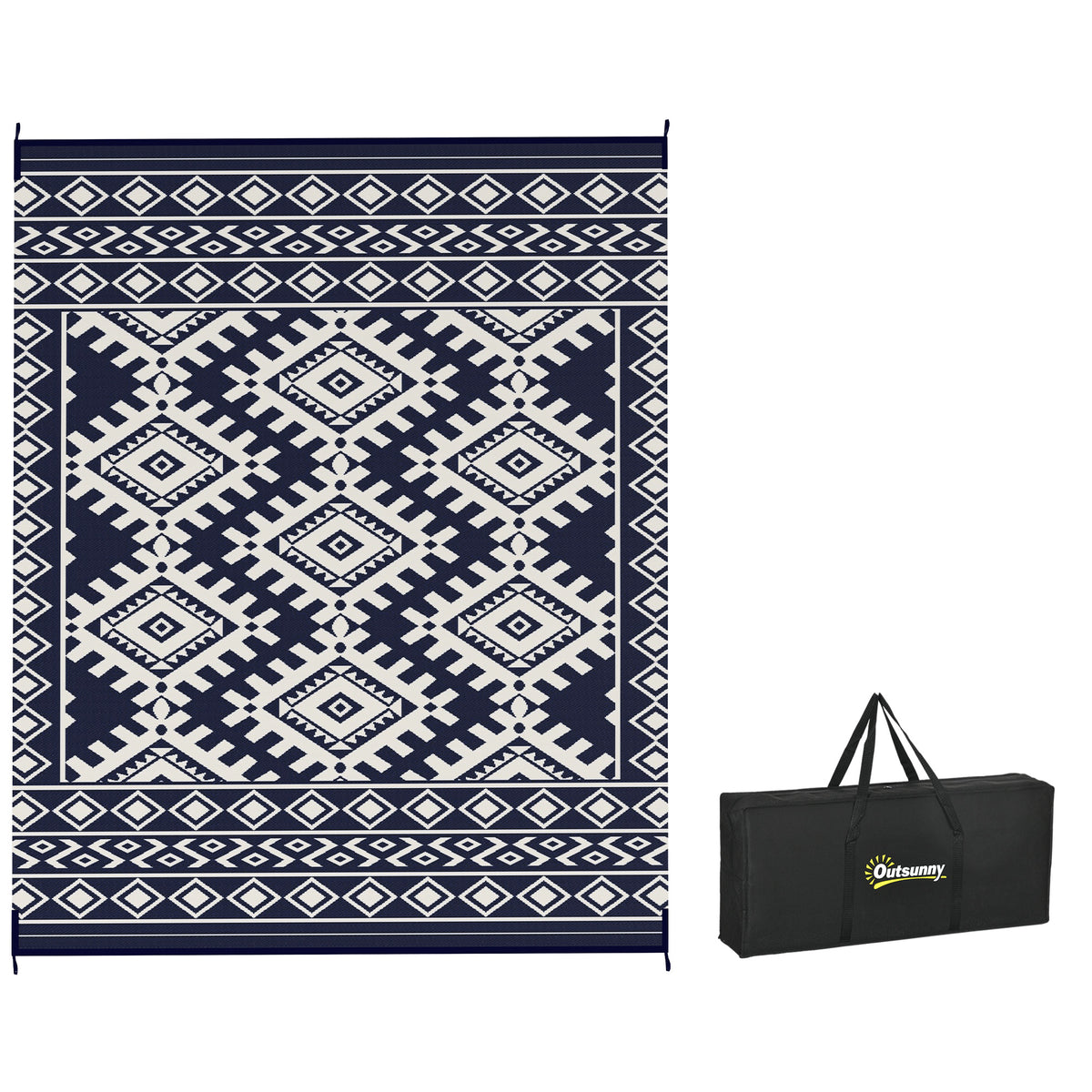 Reversible Outdoor Rug, Waterproof Plastic Straw with Carry Bag, 8' x 10', Blue & White Rhombus Border
