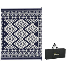 Reversible Outdoor Rug, Waterproof Plastic Straw with Carry Bag, 8' x 10', Blue & White Rhombus Border