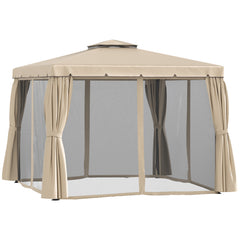 10' x 10' Patio Gazebo, Aluminum Frame Double Roof Outdoor Gazebo Canopy Shelter with Netting & Curtains, for Garden, Lawn, Backyard and Deck, Khaki