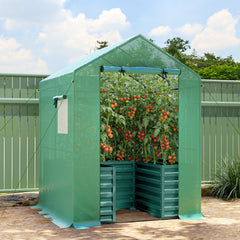Greenhouse with Raised Garden Bed, Galvanized Steel Outdoor Greenhouse with Roll Up Door, 56" x 56" x 75", Green