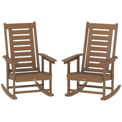 2 Pieces Outdoor Rocking Chairs, HDPE Patio Rockers with 28" High Back, Wide Armrests for Porch Backyard, Brown
