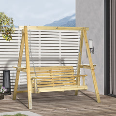 2-Seat orch Swing with Stand, Wooden Patio Swing Chair with Side Tables and Metal Chains, Outdoor Hanging Bench for Garden, Poolside, Backyard, Natural Wood