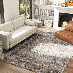 Machine Washable Area Rug 8x10, Non-Slip Traditional Floor Cover Foldable Carpet for Living Room, Dark Mixed-Brown
