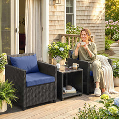 3 Piece Patio Bistro Set, Wicker Furniture Set with Thick Cushions, Glass Coffee Table and Chairs for Garden, Dark Blue