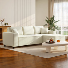 Corner Sofa with Reversible Chaise Lounge, Corduroy L-Shaped Sectional Sofa with Pocket Spring, Cream White
