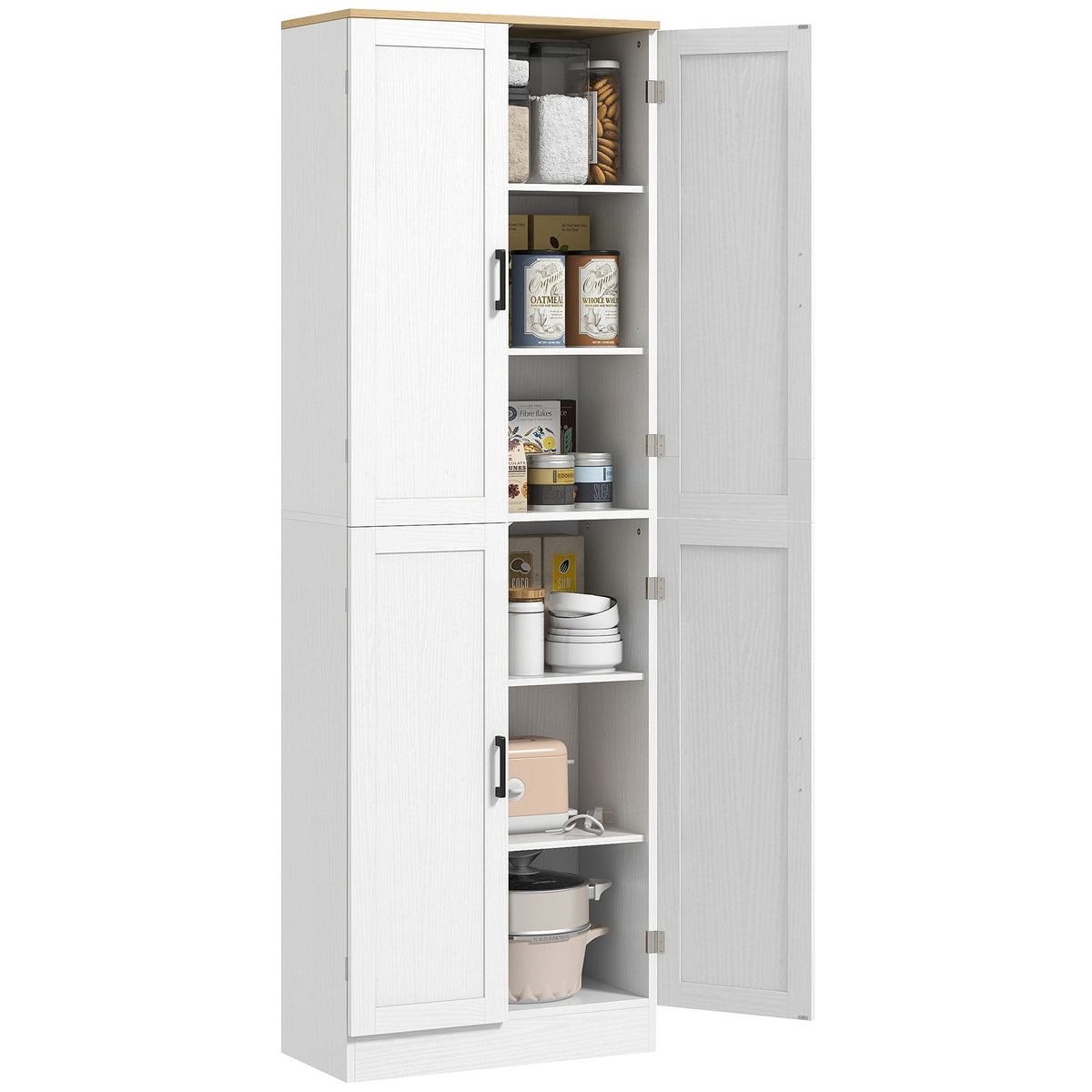 Freestanding Kitchen Pantry, 4-Door Kitchen Pantry Cabinet with Adjustable Shelves and Doors, White Embossed Wood Grain