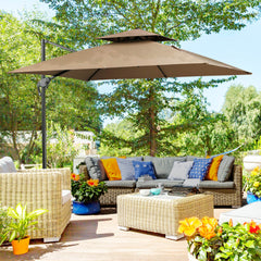 10ft Offset Patio Umbrella with Base, Double Top Hanging Aluminum Cantilever Umbrella with 360-degree Rotation, Easy Tilt, 8 Ribs, Crank, Cross Base, Cover, Strap, Coffee