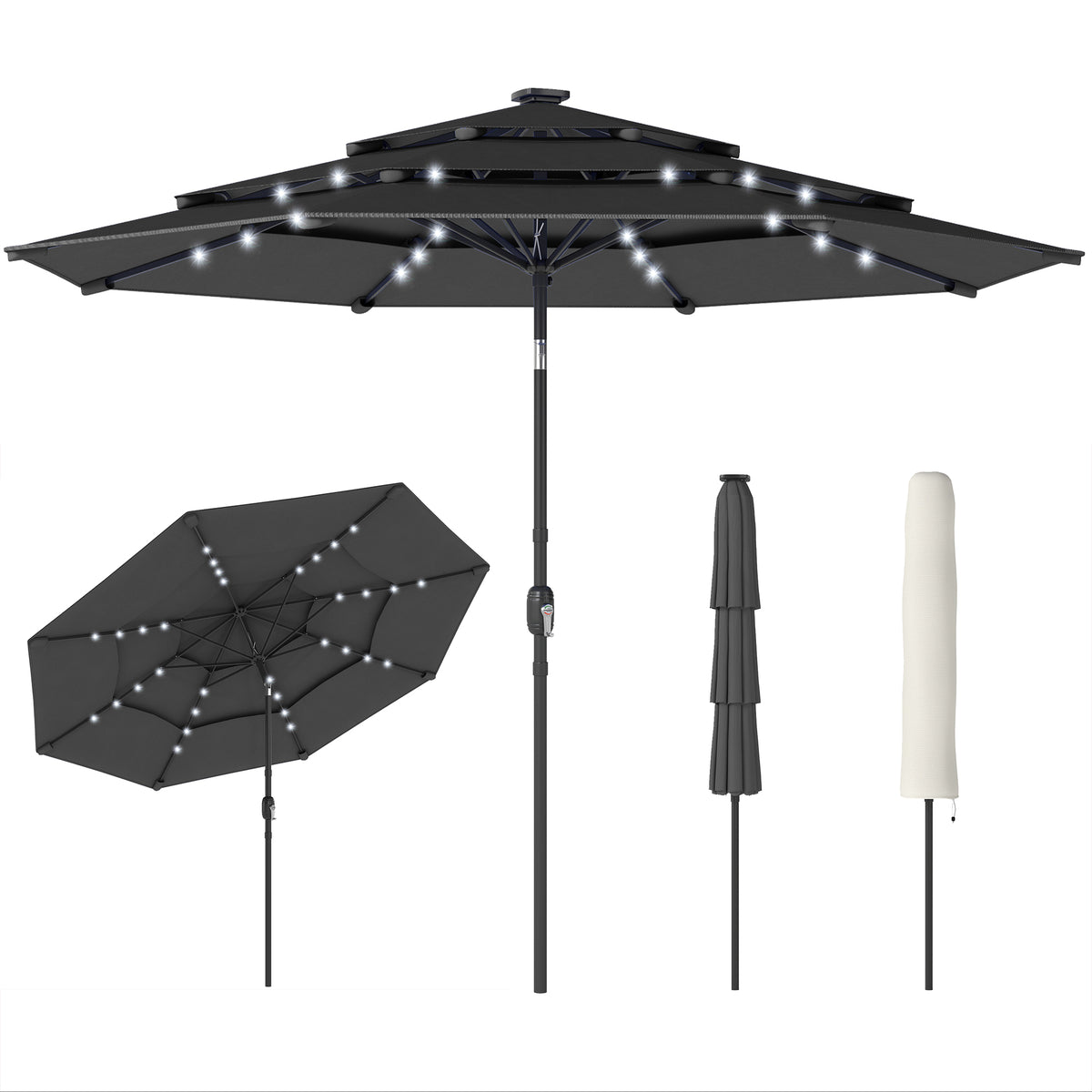 9.7 ft Outdoor Patio Umbrella with Solar LED Lights, 3 Tier Outdoor Table Umbrella with Tilt, Crank, Black