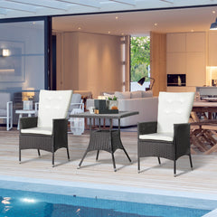 3 Piece Patio Bistro Set, PE Wicker Furniture Conversation Set w/ Tufted Cushion Reclining Chairs & Coffee Table, Cream