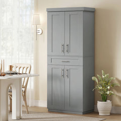Modern Kitchen Pantry Freestanding Cabinet Cupboard with Doors and Drawer, Adjustable Shelving, Gray