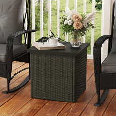 Wicker Side Table with 1.5" Umbrella Hole, Square Outdoor End Table with UV-Resistant Frame, Storage Space, Mixed-Brown