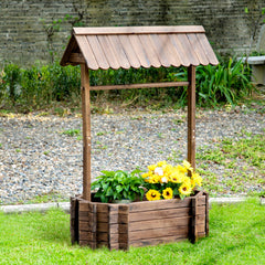 Wooden Wishing Well Raised Garden Bed, Ornamental Outdoor Flower Planter for flowers, herbs, vegetables, Rustic Brown