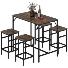 5-Piece Industrial Dining Table Set, Bar Table & 4 Stools Set, Space Saving for Pub & Kitchen, Rustic Brown/Black