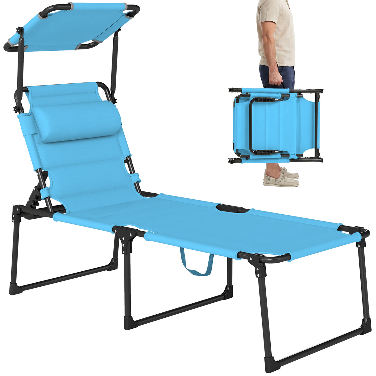 Outdoor Lounge Chair, 4 Position Adjustable Backrest, Folding, Cushioned w/ Sun Shade Roof & Pillow, Blue