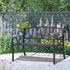 50" Outdoor Bench, Metal Garden Bench with V-Shaped Pattern Backrest, Porch Bench with Slatted Seat for Park, Yard, Lawn, Black
