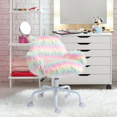 Fluffy Unicorn Office Chair with Mid-Back and Armrest Support, 5 Star Swivel Wheel White Base, Rainbow