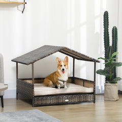 Wicker Dog House with Removable Cushion Lounge, Khaki