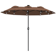 Double-sided Patio Umbrella, 9.7 ft. Outdoor Umbrella with 45-Degree Tilt and Crank, LED Solar Light and 12 Ribs, Coffee