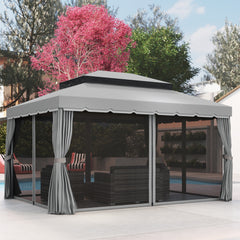 10' x 13' Patio Gazebo w/ Aluminum Frame Double Roof, Outdoor Gazebo Canopy Shelter with Netting & Curtains, Gray