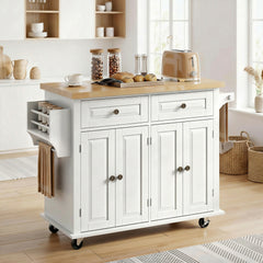 44" Mobile Kitchen Island Table, Kitchen Island Cart on Wheels with Storage Cabinets, 2 Drawers, White