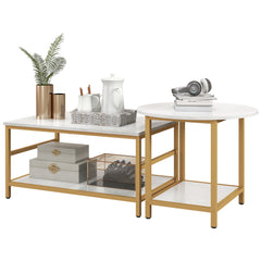 Coffee Tables Set of 2, Rectangle and Round Coffee Table with Storage Shelves, Faux Marble Top, Living Room Table Set
