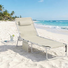 Tanning Chair with Face Hole and Side Table, 5-Position Folding Outdoor Chaise Lounge Chair, Beige