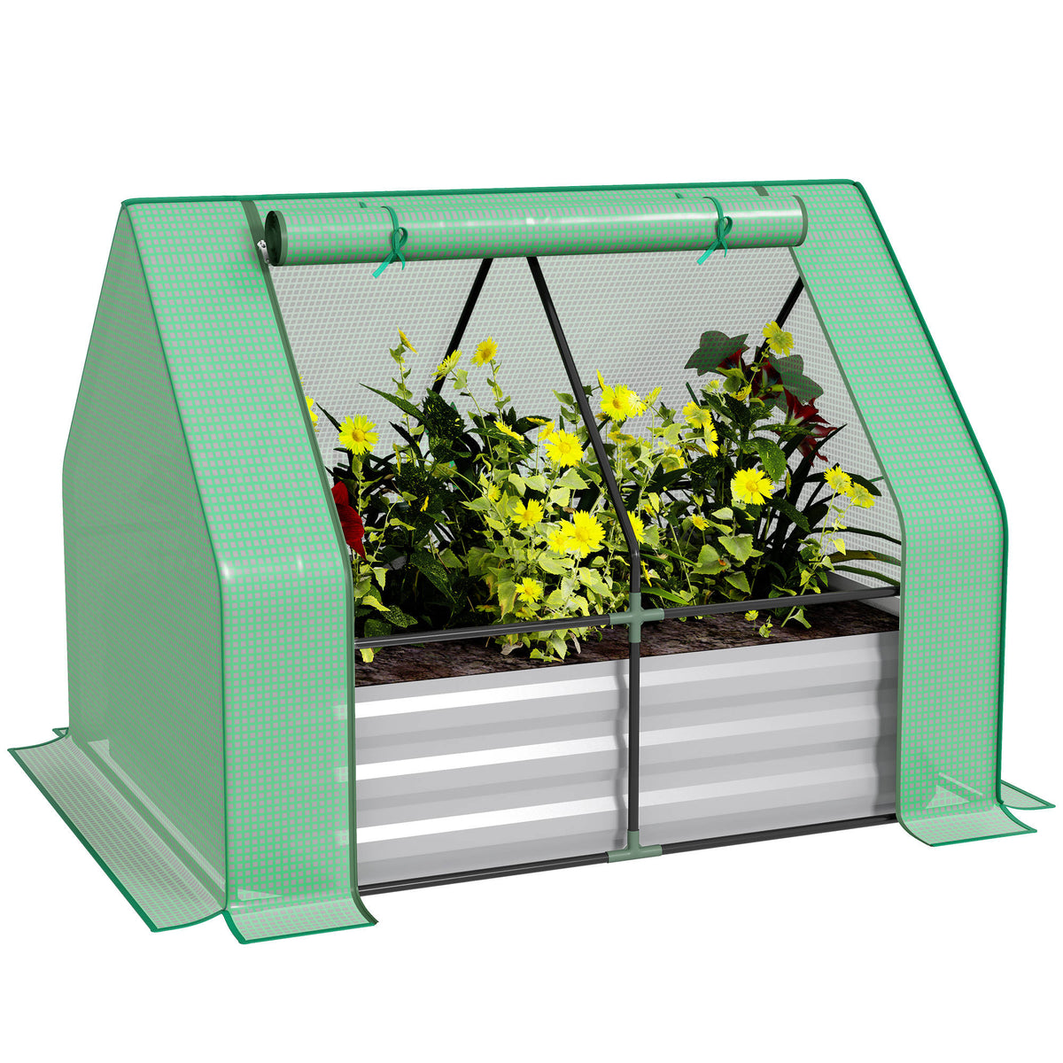 4 x 3 x 3ft Raised Garden Bed with Mini Greenhouse, Galvanized Raised Garden Bed with Cover for Herbs and Vegetables, Small Greenhouse for Patio Garden Balcony, Green and Gray